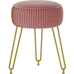 IBUYKE Velvet Round Footrest Ottoman, Makeup Vanity Stool Side Table, Velvet Dressing Table Seat, Pouf Couch Stool, Golden Steel Legs, Pink LG-30P (without storage)