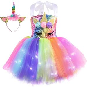 Wish Care 3-8 Years Halloween Girls Unicorn Dress with Headband, Sequin Lighted Tutu Unicorn Party Costume Princess Dress Size 6T