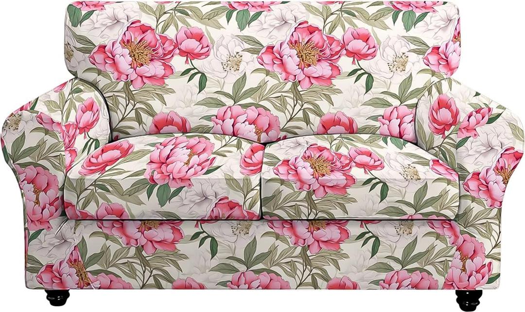 FUANGUI 3 Piece Stretch Sofa Couch Covers for 2 Cushion, Printed Sofa Loveseat Slipcover with 2 Separate Cushion Cover, Floral Washable Sofa Slip Covers Furniture Protector (Loveseat, Peony Flower) (Medium)