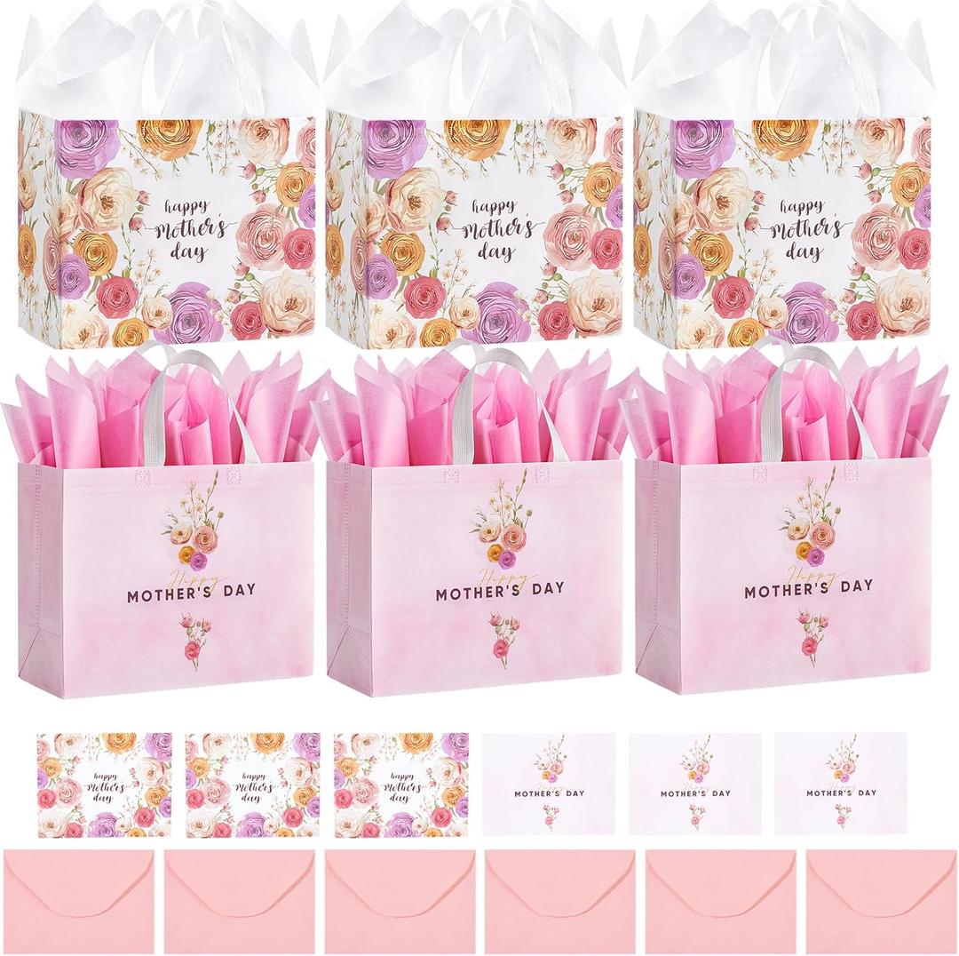 STYPOP 6 Pack 13" Large Mothers Day Gift Bags with Tissue Paper, Reusable Non-Woven Pink Gift Bags with Handles, Mothers Day Gifts for Mom/Grandma/Friends, 12.8"*10.2"*6.3"