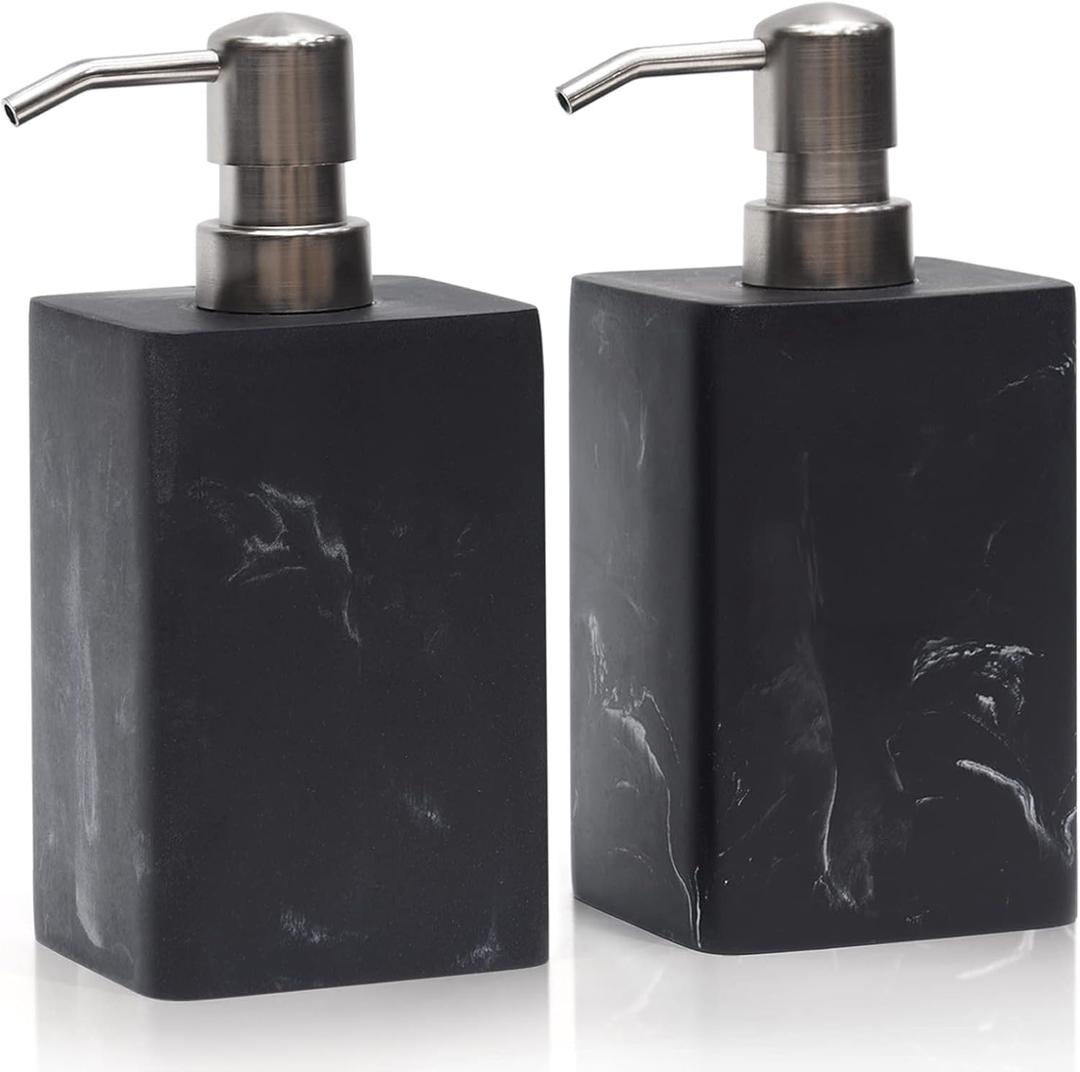 2Pcs 15Oz Black Marble Style Resin Soap Dispenser Set, Refillable Hand Soap Dispenser for Bathroom Countertop & Kitchen Home Decor- Black