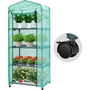 VIVOSUN Mini 4-Tier Greenhouse with Wheels, 27 x 19 x 63-Inch Reusable Portable Warm House with Green PE Cover and Shelf for Compact Garden and Small Backyards, with Wheels