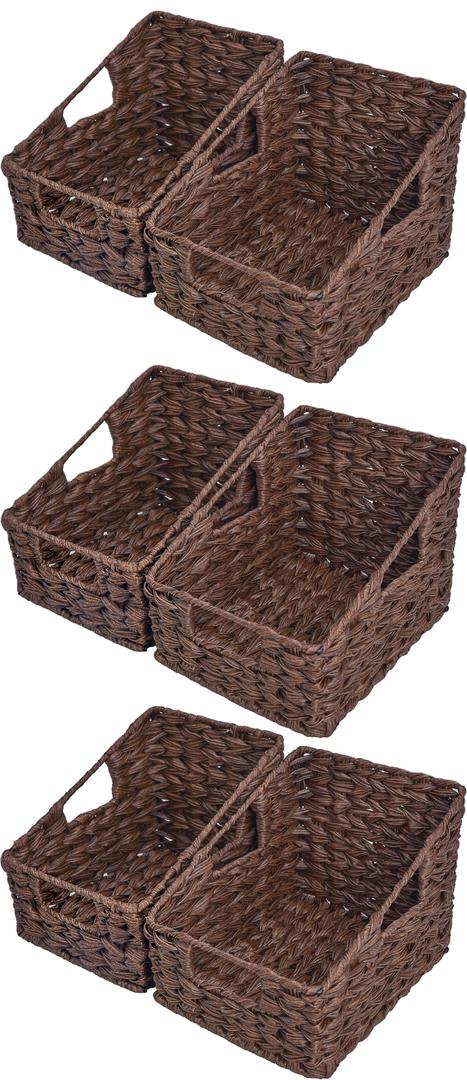 GRANNY SAYS Wicker Storage Baskets, Waterproof Wicker Basket with Handles, Trapezoid Woven Storage Bins for Organizing, Decorative Basket, Brown, 6-Pack