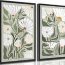 2 Pcs Boho Wildflowers Canvas Wall Art Green Bohemia Abstract Floral Botanical Painting Picture Wall Decor Poster Print Artwork for Living Room Bedroom Bathroom Home Decoration Unframed
