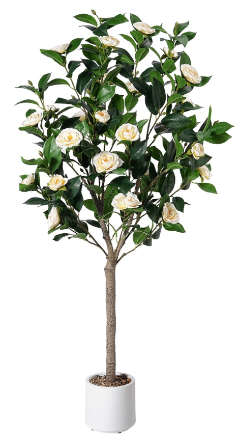 Artificial Camellia Tree 5ft, Indoor Fake Plant with Realistic Trunk, Leaves,White Flowers and White Planter, Faux Potted Tree for Home Decor and Housewarming Gift