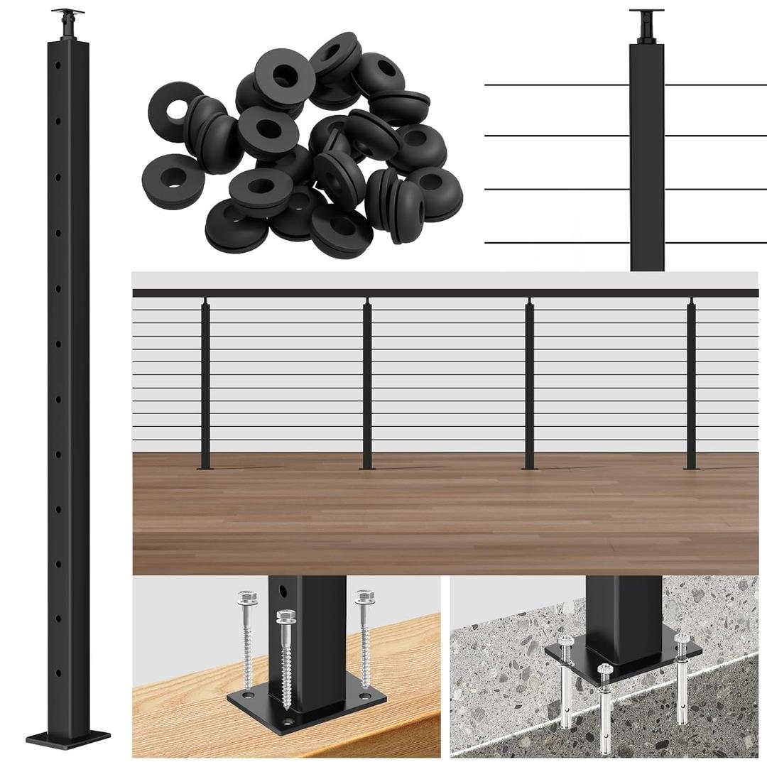 42inch Cable Railing Post Black Adjustable Top Level Drilled Stainless Steel Post 41 x2 x2 with Cable Grommets DIY Cable Railing System Kit for Wood Concrete Deck (PA02-L)