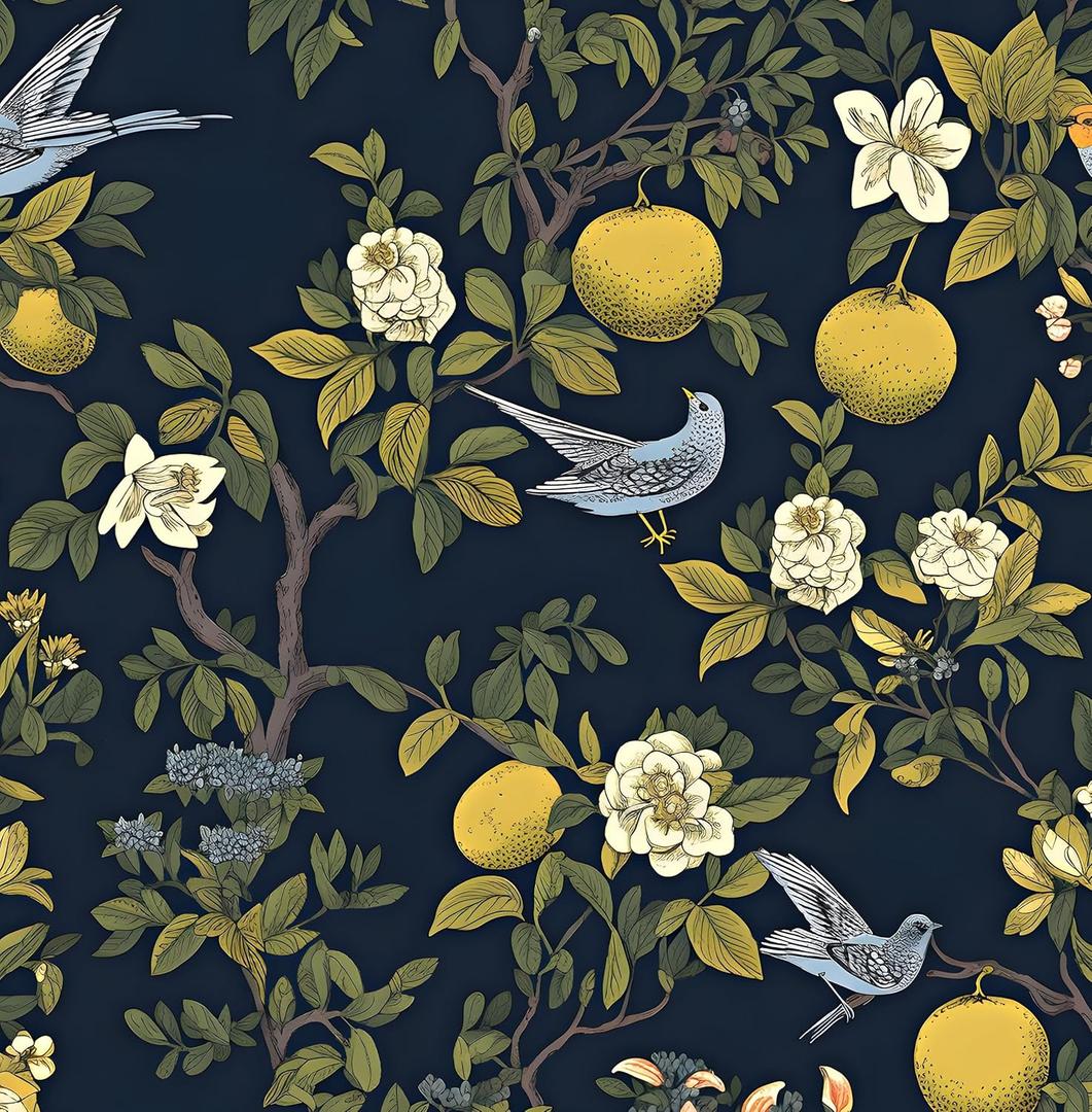 Birds Wallpaper Peel and Stick, Floral Botanical Contact Paper 17.5" x 393.7", Trees Friuts Flowers Wall Mural Removable Self Adhesive Waterproof for Room Shelves Cabinet Drawer (Blue, Yellow, Green)