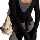 Women Wrap Tie Top Y2k Long SLeeve Ballet Workout Yoga Shirt Coquette Blouses (Medium, Black)