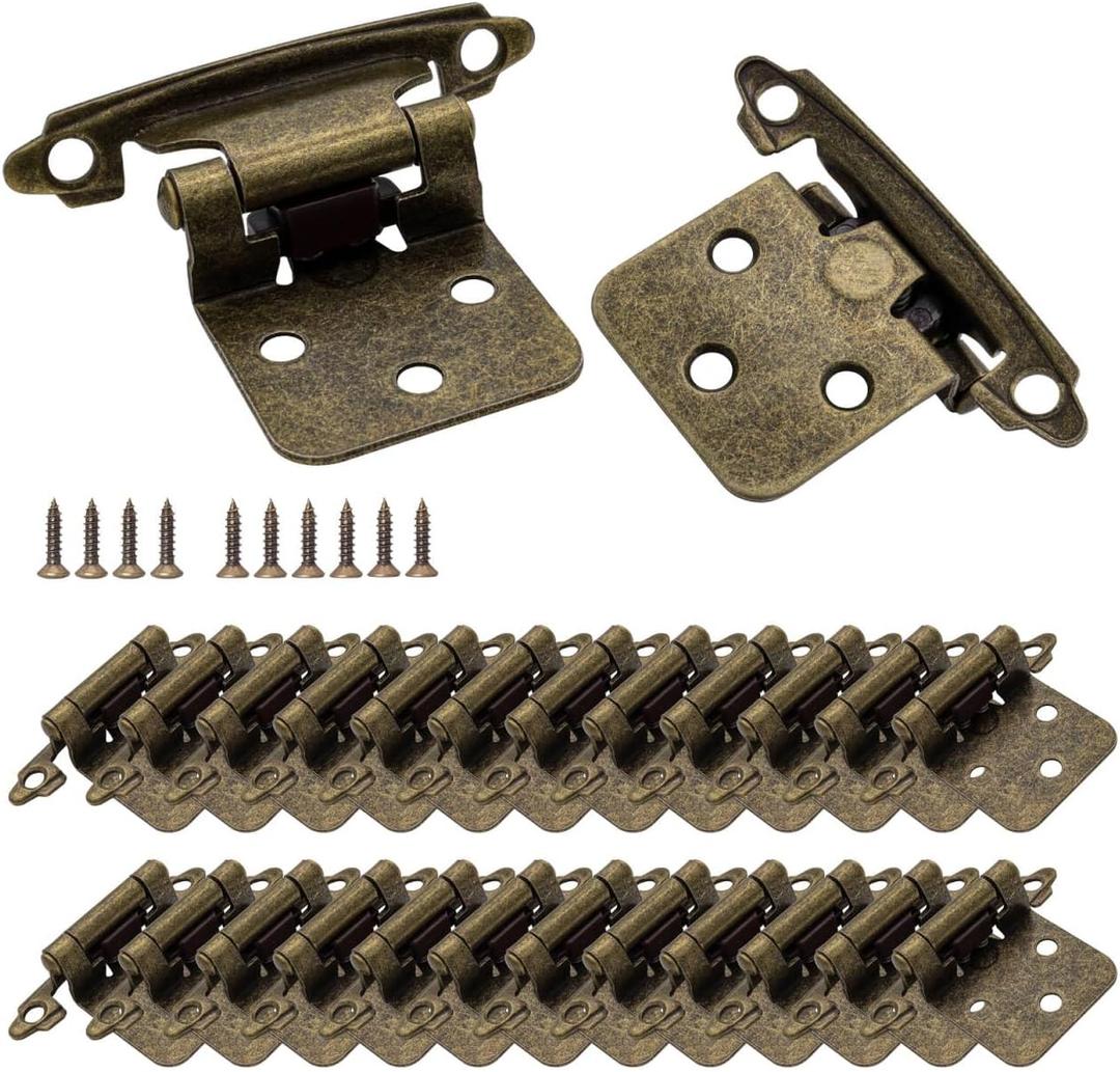 Antique Brass Self Closing Cabinet Hinges for Kitchen Cabinet, 24 Pack(12 Pairs) 1/2" Overlay(Variable) Cabinet Hinge for Cabinet Door, Semi Concealed Face Flush Mount Cabinet Hinges with Screws