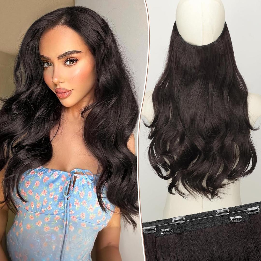 KooKaStyle Invisible Wire Hair Extensions Long Wavy Layered Synthetic Hair Extensions with Transparent Wire Adjustable Size 6 Secure Clips Dark Brown/6# Hairpieces for Women 16 Inch