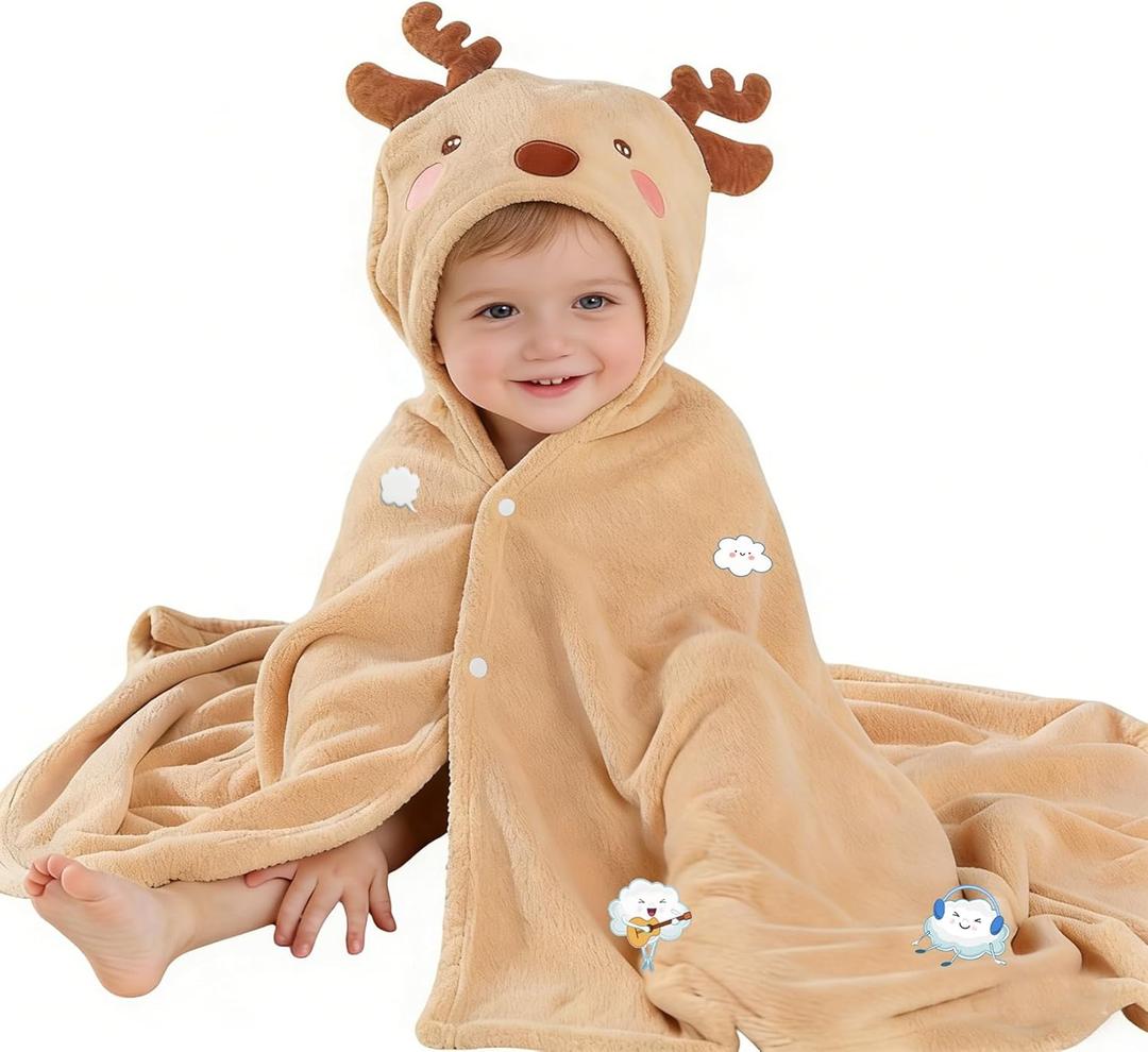 Toddler Baby Bath Towel with Hood 27.5"X55" Ultra Absorbent Soft Cozy Comfort Bathrobe Blanket, 0-6 Years Infant Shower Towel for Girls & Boys(Beige Deer)