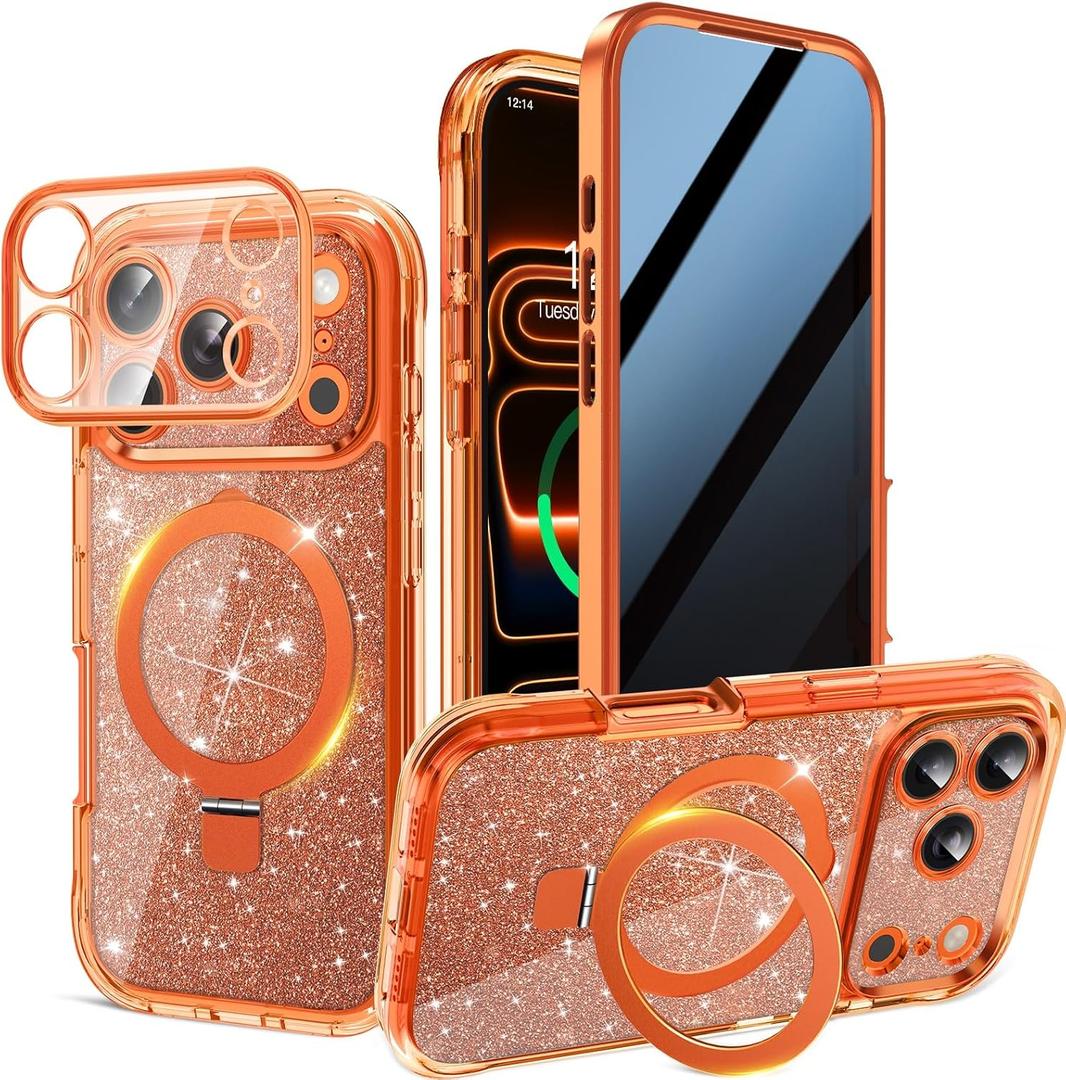 Magnetic Privacy Case for iPhone 17 Pro Max [DIY Glitter Cardstock] [Invisible Magnetic Kickstand] Built-in Anti Peep Screen Protector, Camera Protection Full Body Glitter Case for Women - Orange