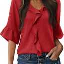 siliteelon Womens Blouses Dressy Casual 3/4 Sleeve Ruffle Bell Top Ladies Business Formal Work Shirt Spring Trendy 2026 (Large, Wine Red)