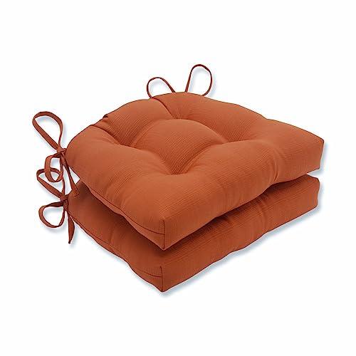 Pillow Perfect Monti Chino Solid Indoor/Outdoor Reversible Patio Chairpad with Ties Weather and Fade Resistant, 17" x 17.5", Orange, 2 Count
