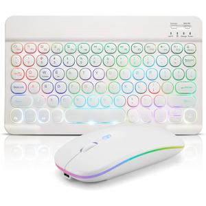 Ultra-Slim Lightweight Bluetooth Keyboard and Mouse Portable Mini Wireless Keyboard Rechargeable 7-Color Backlit for Apple iPad iPhone,Tablet iPhone Smartphone iOS Android Windows,Round Keys White