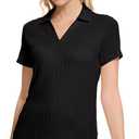 YuKaiChen Women's Polo Shirts Casual Summer Collared Tops Short Sleeve Knit Tops V Neck (Black, S)