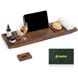 Realgulf Bamboo Bathtub Tray, Bath Caddy with Wine Glass Holder, Phone Dock & Book Stand | Hands-Free Reading & Ultimate Spa Relaxation Experience-Brown