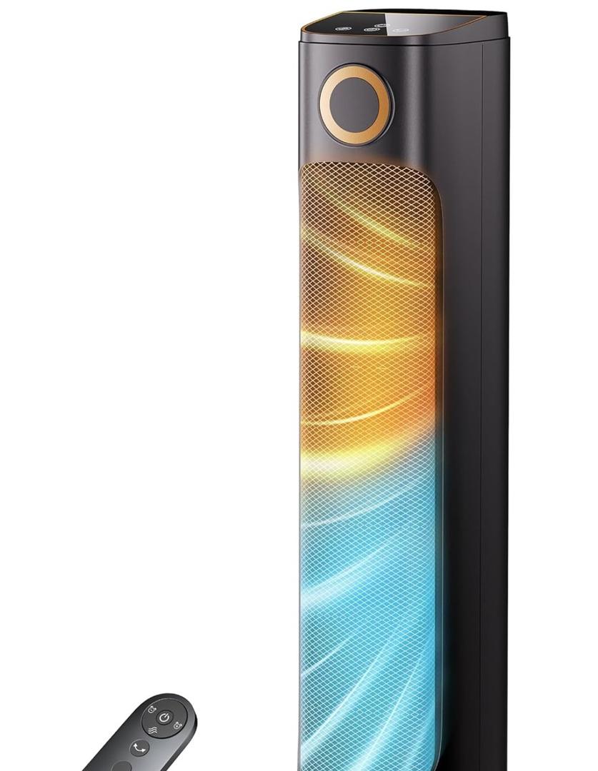 25" Patio Heater And Fan Combo for Indoor Use, 1500W Tower Portable Electric Space with Remote,Infrared Heater, 15H Timer, Oscillation, Quiet, for Garage, Room, Office, Black