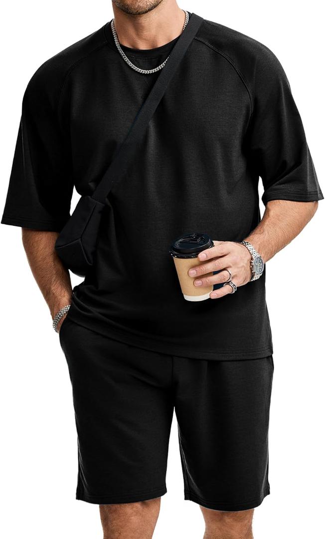 JMIERR Mens Casual Oversized Short Sets 2 Piece Summer Outfits Raglan Sleeve T-shirts & Shorts Tracksuit 3XL