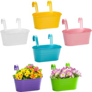 Foraineam 4 Pack Hanging Flower Pots, Metal Iron Plant Pot Holders, Garden Pots Balcony Planters, Metal Bucket Flower Holders Wall Hanging Decor Pot with Detachable Hooks for Railing Fence Balcony