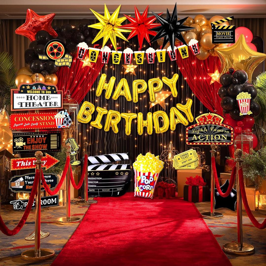 150pcs Movie Themed Birthday Party Decorations, Movie Night Birthday Decorations, Movie Theater Bday Decor Balloons Arch, Now Showing Popcorn Concessions Banner, Foil Balloons