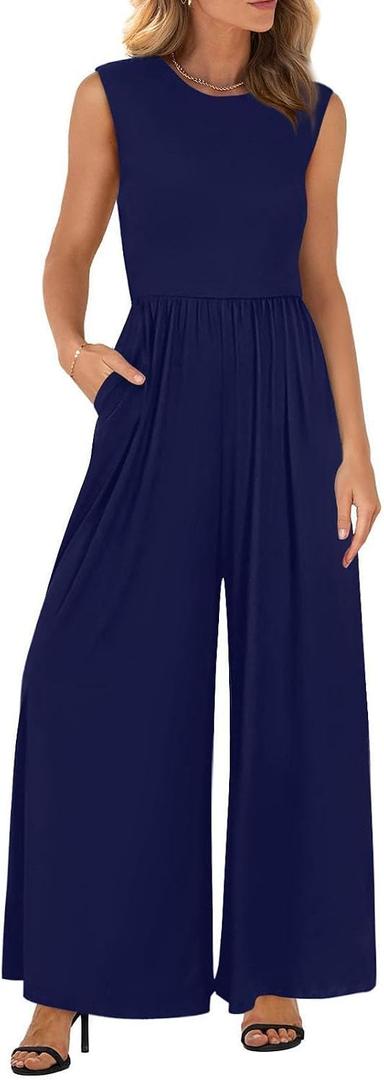 BTFBM Womens Casual Jumpsuits Dressy 2026 Spring One Piece Outfits Crew Neck Sleeveless Knit Wide Leg Pants Romper Beach (S)