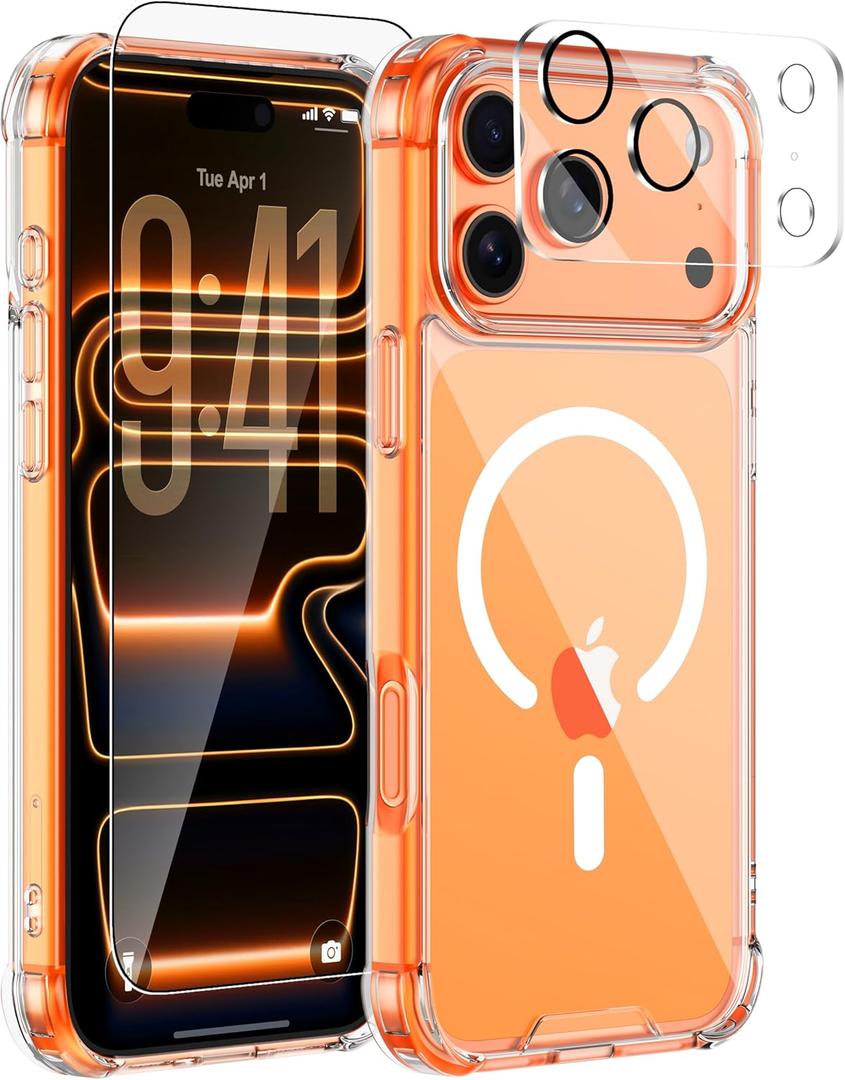 for iPhone 17 Pro Max Case Compatible with MagSafe, Magnetic Clear Case with Tempered Glass Screen Protector and Lens Protector, Military-Grade Shockproof & 4-Corner Protection, Anti-Yellowing