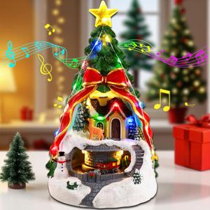 Musical 9.5 in Pre-Lit Artificial Resin Christmas Tree Village Figurines with Spinning Train, Collectibles Statues Architectural Decor, Battery & USB Xmas Holiday Indoor Decor Ornaments Centerpiece
