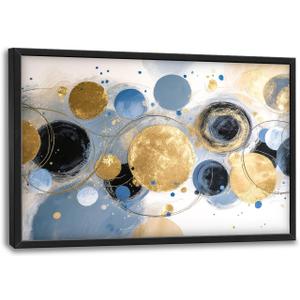Large Abstract Wall Art for Living Room Gold Circle Blue Pictures Wall Decor Boho Canvas Print Paintings Home Framed Artwork Decoration Gifts for Bedroom Office 24"x36"
