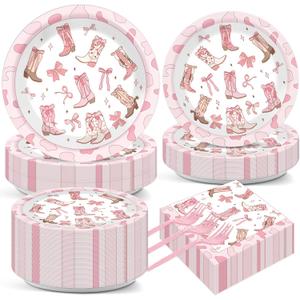 200Pcs Coquette Bow Cowgirl Boots Party Supplies Western Cowgirl Plates and Napkins Disposable Pink Bowknot Rodeo Tableware Bachelorette for Girls Set Decorations Supplies Baby Shower Serve 50