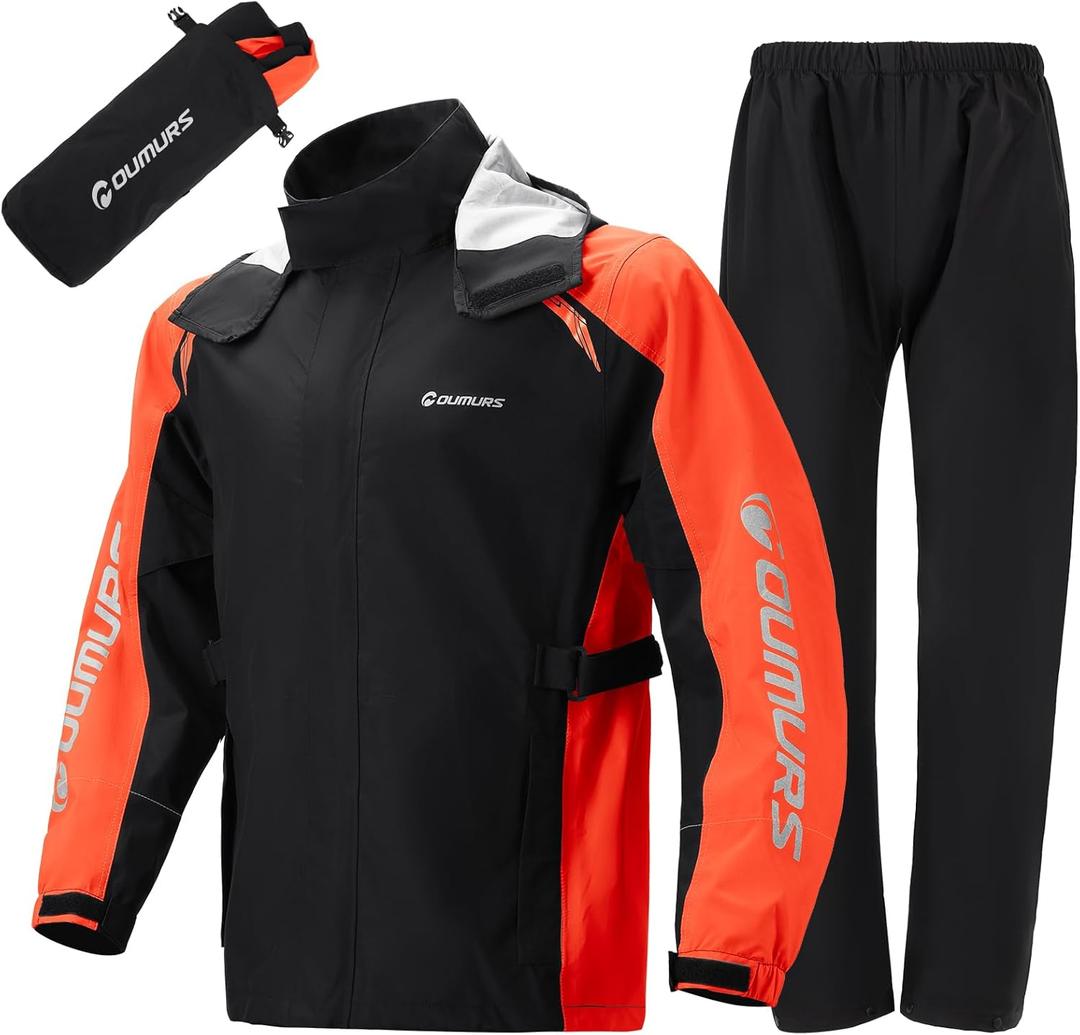Motorcycle Rain Suit - Waterproof Jacket & Pants for Men & Women, Lightweight Nylon, Reflective, Multi-purpose for Riding, Fishing, Golf, Hunting, Camping (Large, Black Orange)