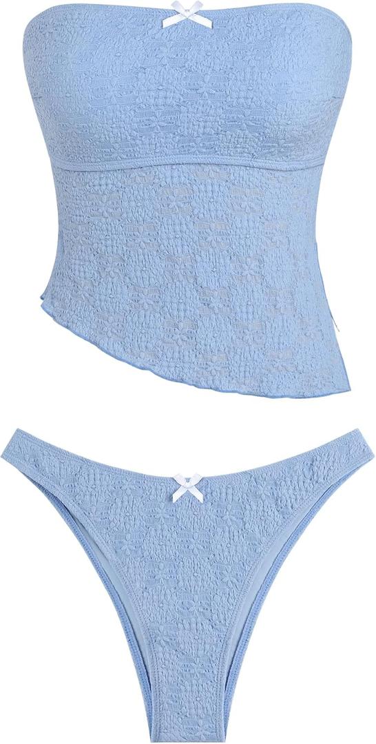 ZAFUL Women's Bandeau Tankini Swimsuit Asymmetrical Slit Bowknot String High Cut Fairyland Cheeky Bathing Suit (Medium)