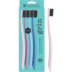 Grin Charcoal-Infused 100% Recycled Toothbrush, Medium, 4 Count, Purple, Suitable for Sensitive Teeth and Gums