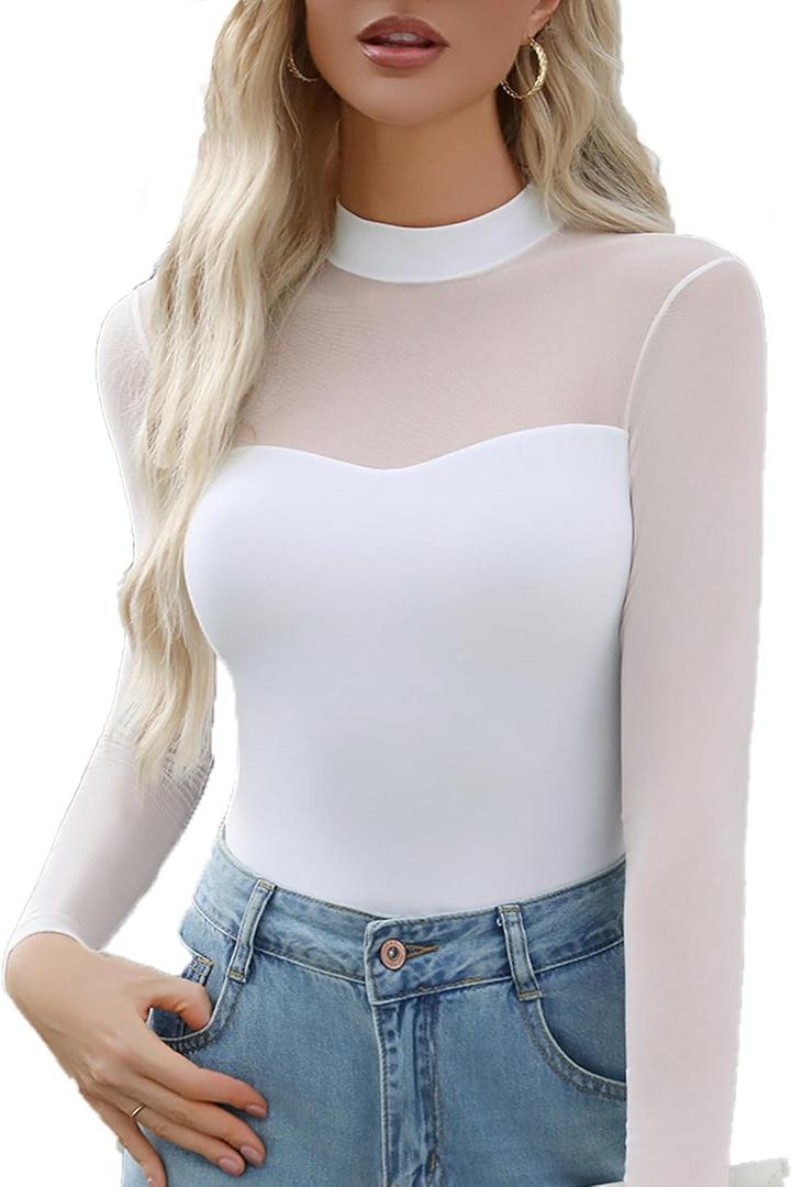 Avidlove Women's Sexy Mock Neck Sheer Mesh Long Sleeve Bodysuit Double Lined Slimming Body suit Going Out Tops (XX-Large, White)