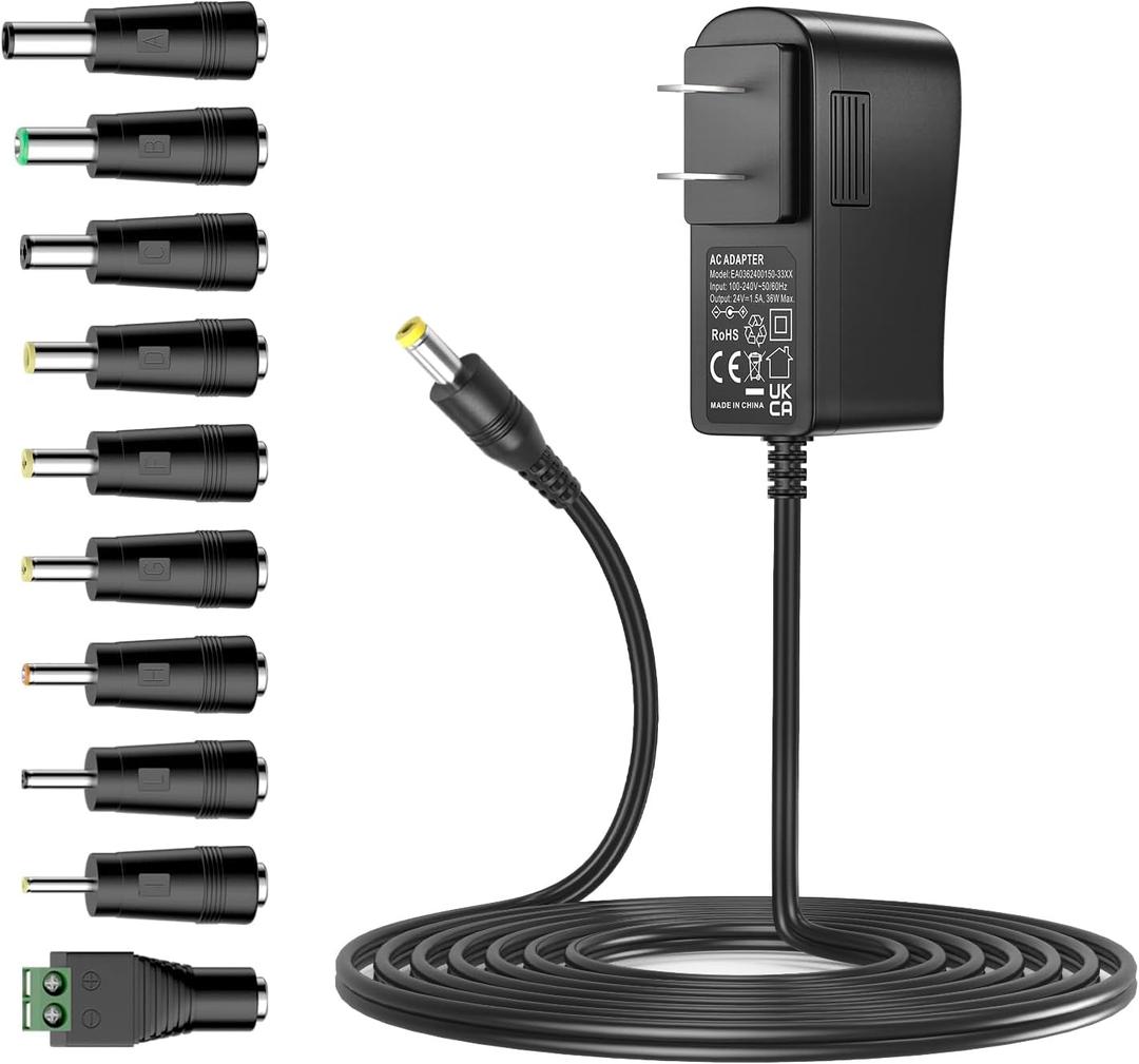 Basicvolt 24V 1.5A 1A Power Supply Charger 24Volt 0.5A Wall AC Adapter 24Vdc Replacement Cord for LED Strip Light Massage Gun Security Camera CCTV Baby Monitor Christmas Village