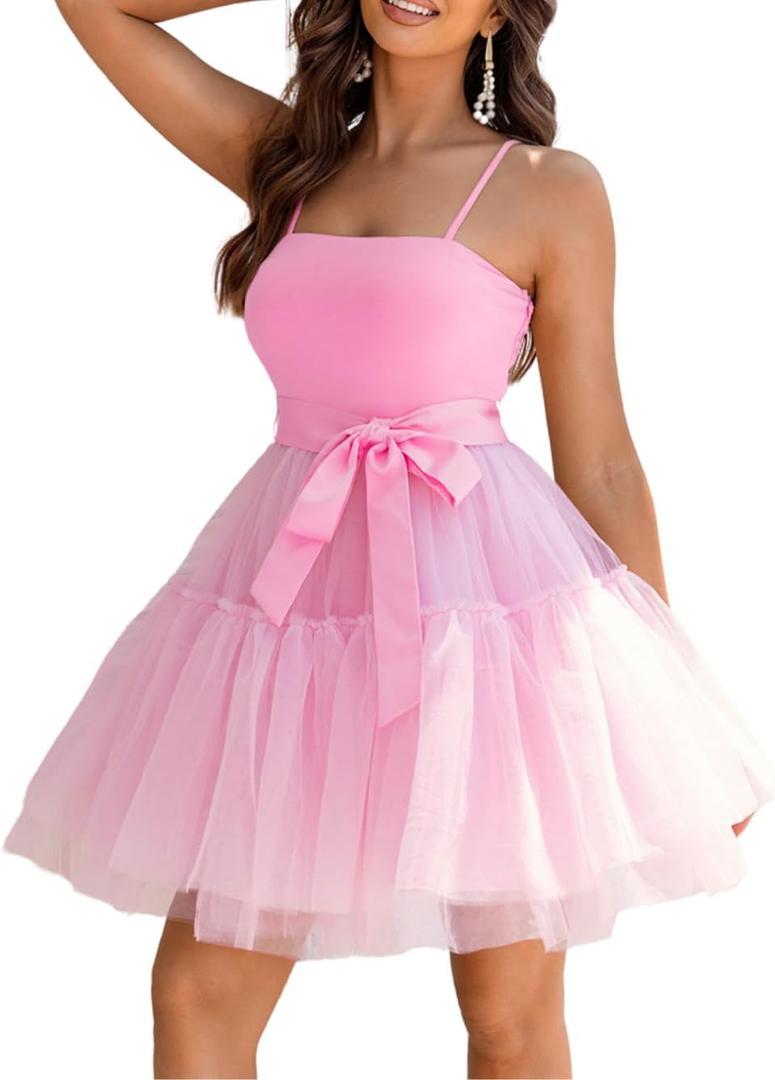 Kaei&Shi Poofy Short Tulle Dress,Spaghetti Strap Semi Formal Dresses for Women,Elegant Birthday Outfit Homecoming Cocktail (Large, Pink)