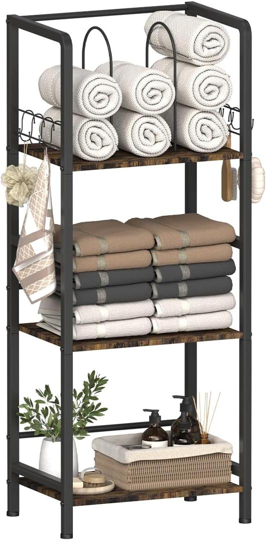 Mondazie Free Standing Towel Racks for Bathroom with U-Shaped Detachable Dividers, 3-Tier Floor Towels Holder Stand with Shelf & 8 S-Hooks, Metal Pool Towel Storage Organizer for Home, Poolside, Black