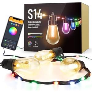 Smart Outdoor Patio Lights - 46ft Smart S14 Independence Day String Lights, Waterproof Shatterproof Bluetooth APP Remote Control Dimmable for Balcony, Backyard, Party, Holiday (RGB & Warm White)