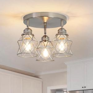 Kitchen Light Fixtures - 3-Lights Multi-Directional Ceiling Lamp with E26 Base, Adjustable Flush Mount for Farmhouse Kitchen, Hallway, Dining Room, Entryway (Brushed Nickel)