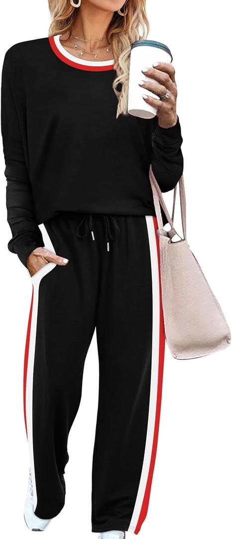WIHOLL 2 Piece Lounge Sets for Women Long Sleeve Tops Wide Leg Sweatpants Sweatsuits with Pockets (X-Large, Black)