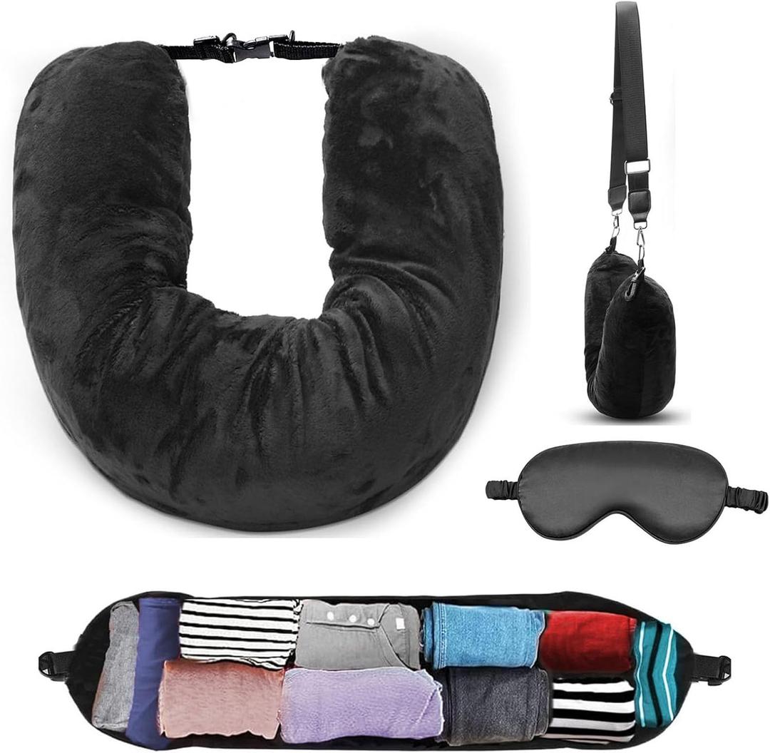Stuffable Neck Pillow Travel Storage Bag for Airplanes with Clothes, No Extra Baggage Fees, Fits 3+ Days of Travel Essentials, No Filler (Black)