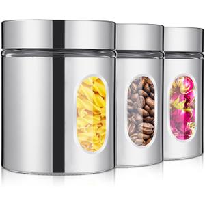 Mimorou 3 Pcs Stainless Steel Canister Set with Glass Windows Visible Storage Jars Silver Kitchen Canister Set for Pasta Flour Oat Sugar Container, Kitchen Tools, Housewarming Gifts (20 Oz)
