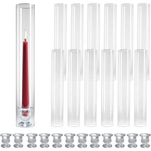 12-Pack Glass Hurricane Candle Holders - 13.78" Tall Clear Open-Ended Cylinders for Pillar Candles - Includes 2.36" Taper Candlestick Holders - Wedding, Event & Home Decor Centerpieces