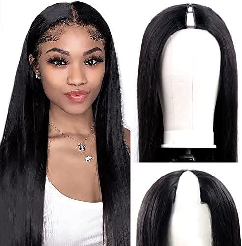 Amznlady V Part Wigs Straight Brazilian Virgin Human Hair Wigs for Black Women Upgrade U Part Wigs Glueless Full Head Clip In Half Wig V Shape Wig No Leave Out 180% Density Natural Color 18"
