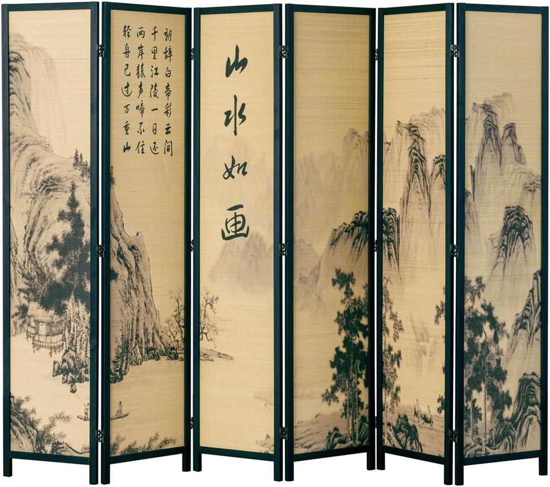 MyGift Decorative 6 Panel Folding Room Divider Bamboo Screen with Chinese Calligraphy Design, 6FT Freestanding Floral Artwork Room Partitioner with Black Wood Frame 94.5''W x 69''H