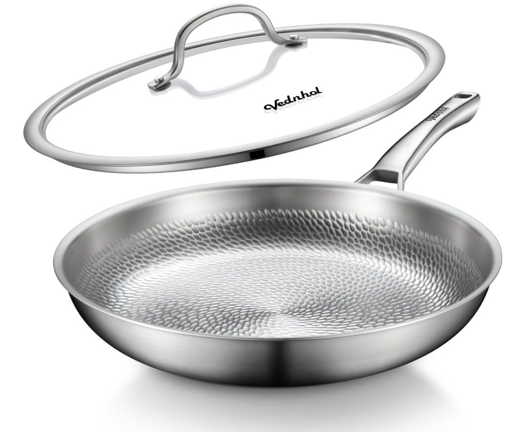VEDNHOL Titanium Pan, 12 Inch Pure Titanium Hammered Pro frying pan with Lid, NonToxic Skillet for Cooking, PFAS/PFOA/PTFE Free Cookware, Dishwasher&Oven Safe, Kitchen Induction Compatible