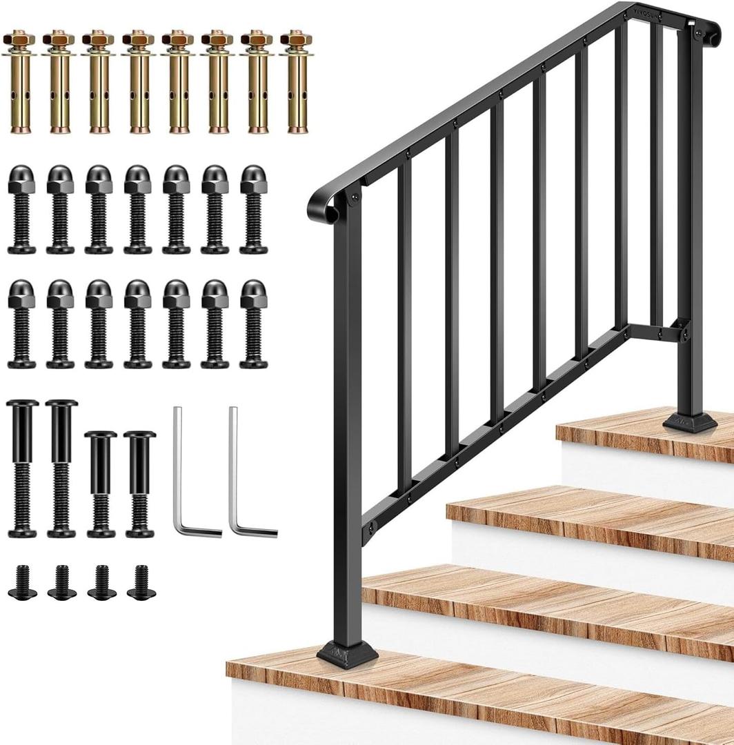 VIVOSUN Outdoor Handrail, 4 Step Stair Handrail, 54" x 36" Fits 1 to 4 Steps, Wrought Mattle Iron Stair Railing with Curved End and Balusters for Concrete Step, Porch Steps, One-Step Assembly, Black