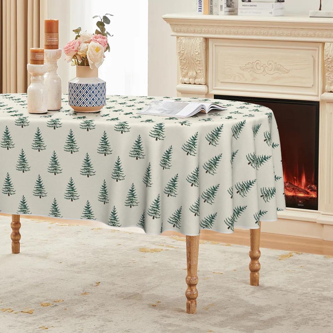 Horaldaily Christmas Tablecloth 60×84 Inch Oval, Trees Green Boho Washable Table Cover for Party Picnic Dinner Decor