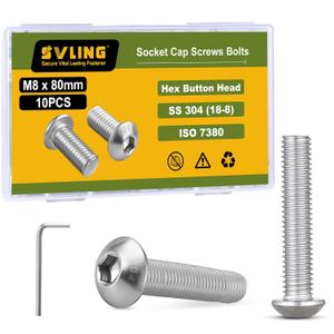 M8 x 80mm 10PCS Button Head Hex Socket Cap Screws Bolts, 304 Stainless Steel 18-8, Allen Hex Drive, Full Thread, Bright Finish, with Hex Spanner (Silver)