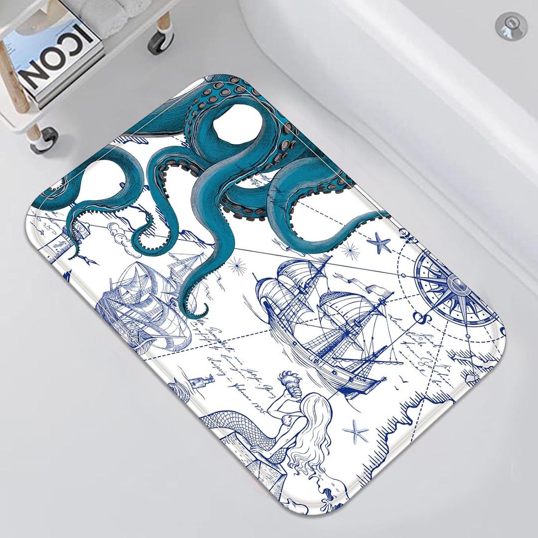 Blue Nautical Octopus Bathroom Rugs Mat Navy Ocean Kraken Mermaid Bath Rug Water Absorbent Non Slip Shower Mat Anchor Coastal Map Memory Foam Bath Mats for Bathroom Decor 3220In (4'3" x 6'9" (Rectangular))